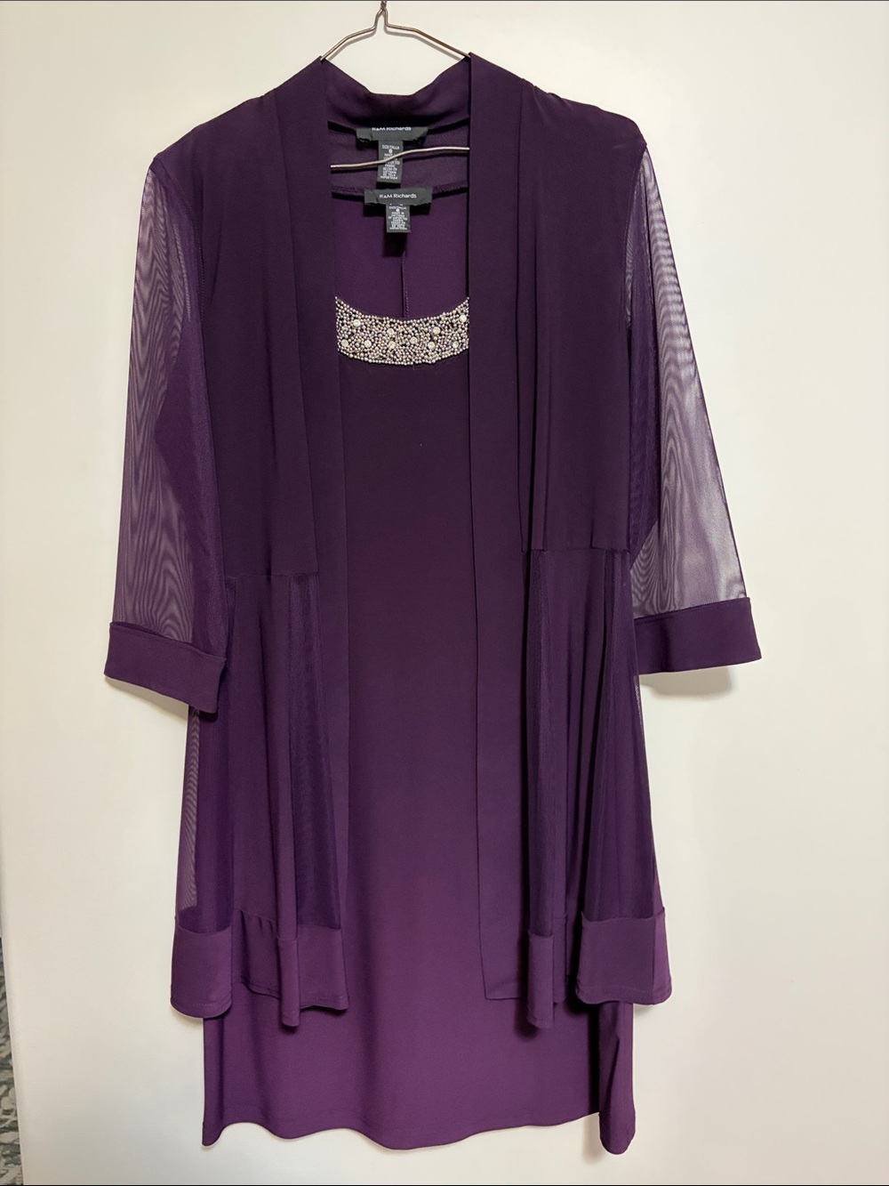 R&M Richards Plum Two-Piece Mesh Overlay Dress with Beaded Accent